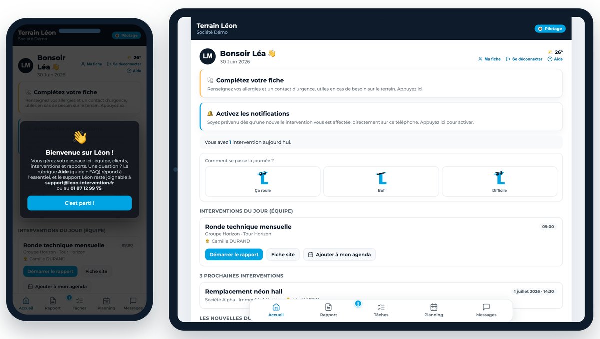 Écran d'accueil de l'agent dans Léon sur mobile (données de démonstration)